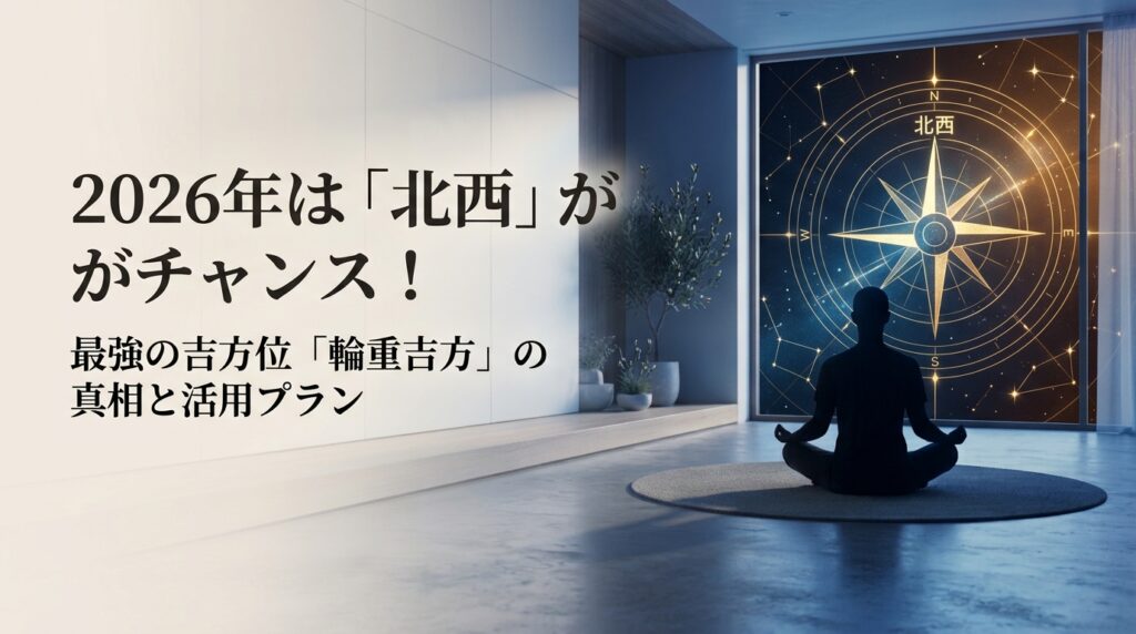 2026年は「北西」がチャンス！最強の吉方位「輪重吉方」の真相と活用プラン。温かみのある幾何学的な星図盤を背景に、北西を示す光り輝くモダンなコンパスの抽象イメージ。