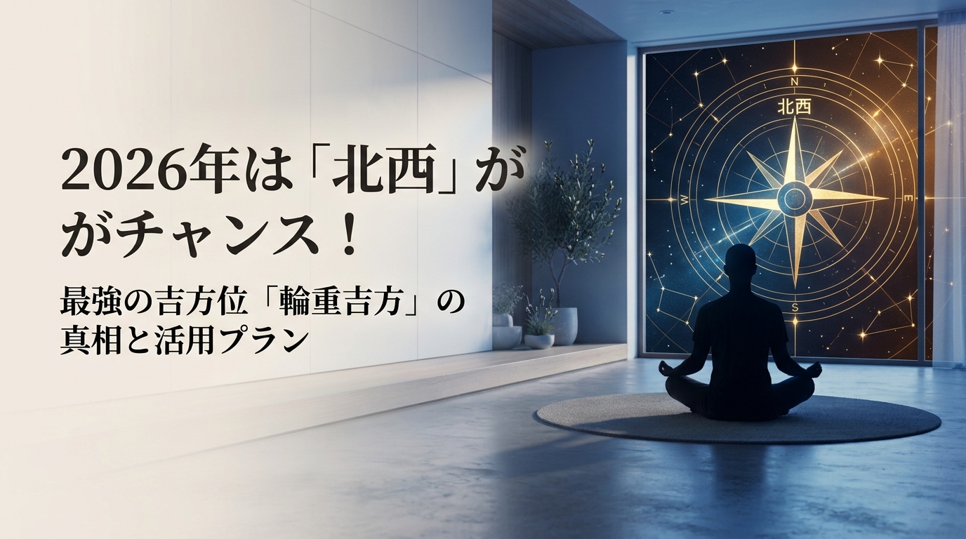 2026年は「北西」がチャンス！最強の吉方位「輪重吉方」の真相と活用プラン。温かみのある幾何学的な星図盤を背景に、北西を示す光り輝くモダンなコンパスの抽象イメージ。