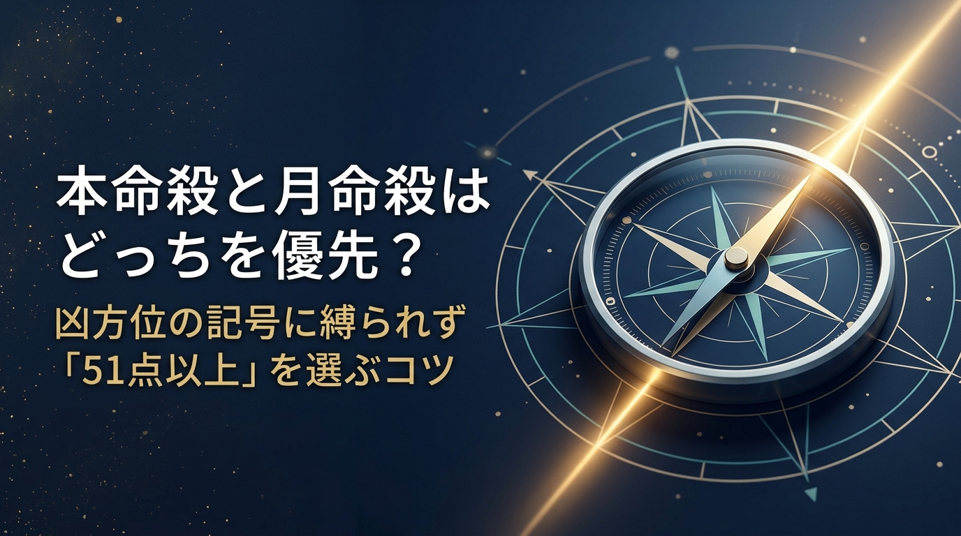 光るコンパスと方位盤の幾何学模様を背景に、「本命殺と月命殺はどっちを優先？凶方位の記号に縛られず『51点以上』を選ぶコツ」というキャッチコピーが入ったブログ用アイキャッチ画像。
