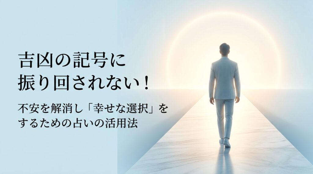 光り輝く未来へと続く道を進む白いスーツの男性と、占いを不安解消と幸せな選択のために活用することを伝える日本語のキャッチコピー「吉凶の記号に振り回されない！不安を解消し『幸せな選択』をするための占いの活用法」が描かれた、明るく前向きなブログ用アイキャッチ画像。