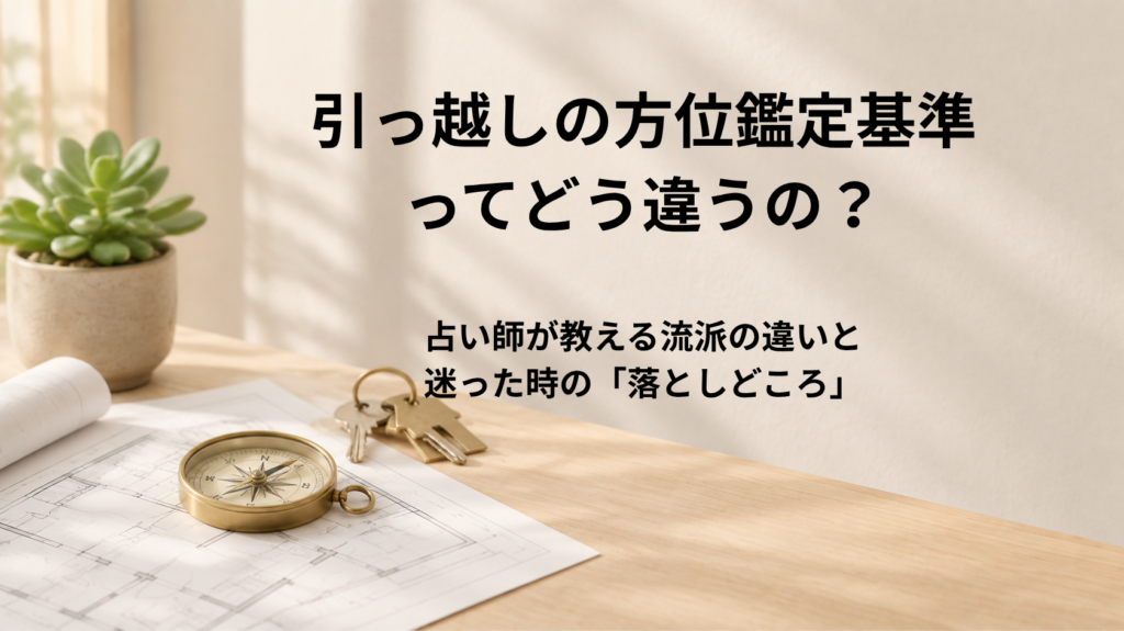 引っ越しの方位鑑定における流派や角度基準の違いと開運のポイントを解説するアイキャッチ画像