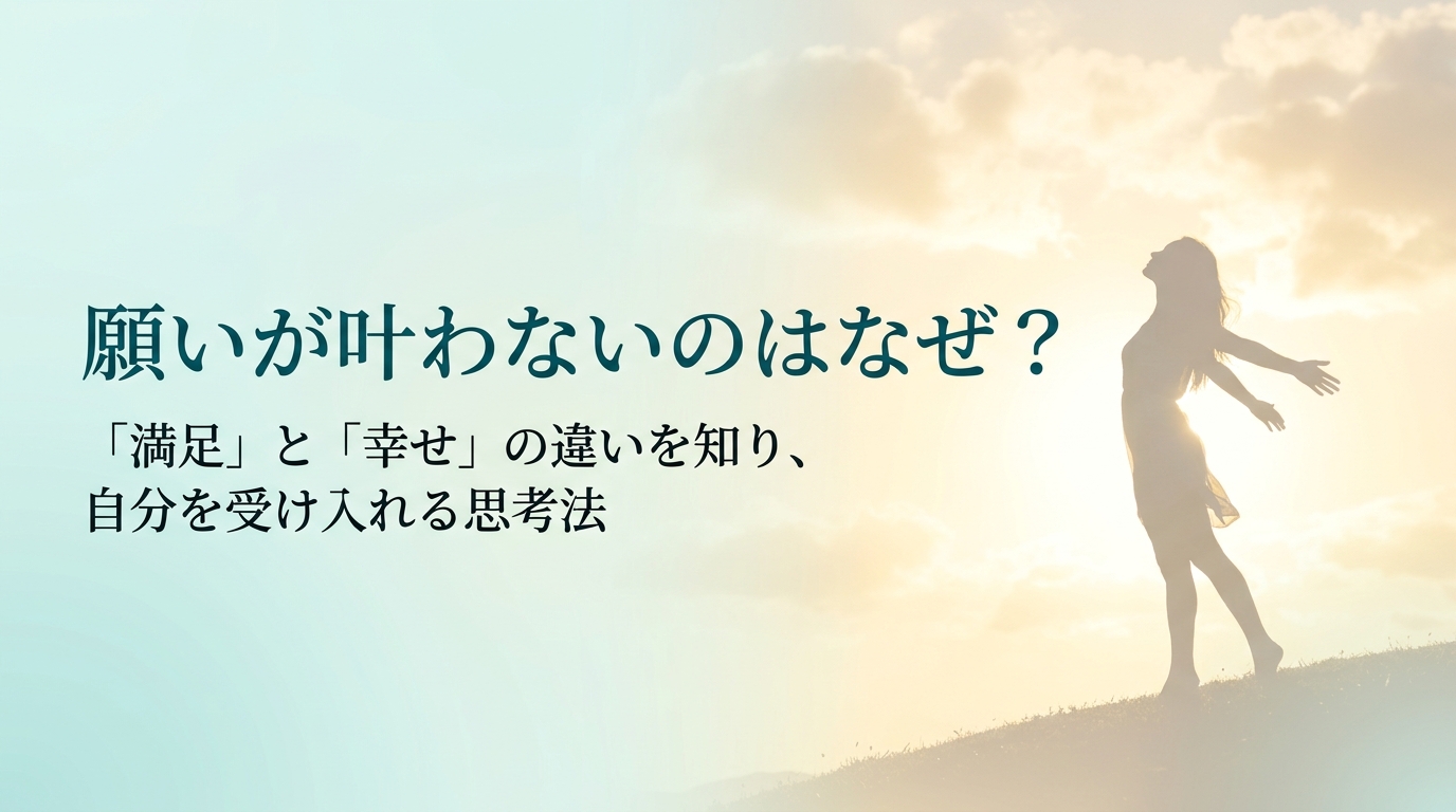 願いが叶わないのはなぜ？「満足」と「幸せ」の違いを知り、自分を受け入れる思考法。陽の光が差し込む静かな丘の上で、黄金に輝く朝の空に向かって両腕を広げ、深く呼吸をする人のシルエットを描いたミニマルなアイキャッチ画像。