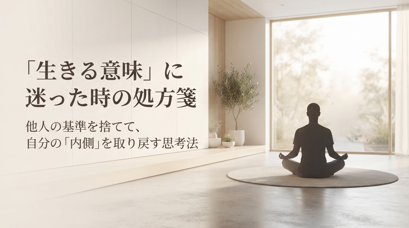 「生きる意味」に迷った時の処方箋。他人の基準を捨てて、自分の「内側」を取り戻す思考法。瞑想する人のシルエットと自然光が差し込むミニマルな空間。