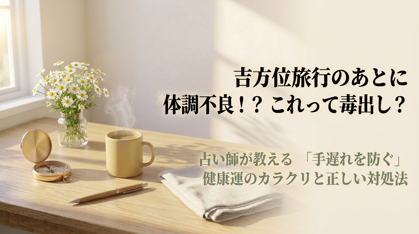 吉方位旅行のあとの体調不良や毒出しの真実と健康運のカラクリを解説するアイキャッチ画像