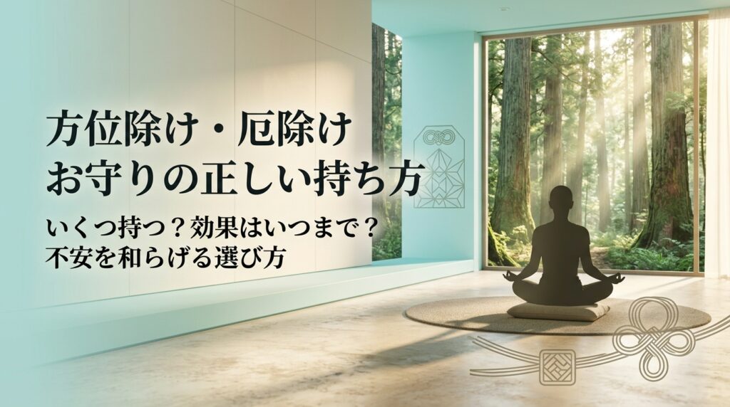 方位除け・厄除けお守りの正しい持ち方。いくつ持つ？効果はいつまで？不安を和らげる選び方。神聖な木々の間から柔らかな木漏れ日（自然光）が差し込む、お守りをモチーフにしたミニマルで心安らぐ抽象イメージ。