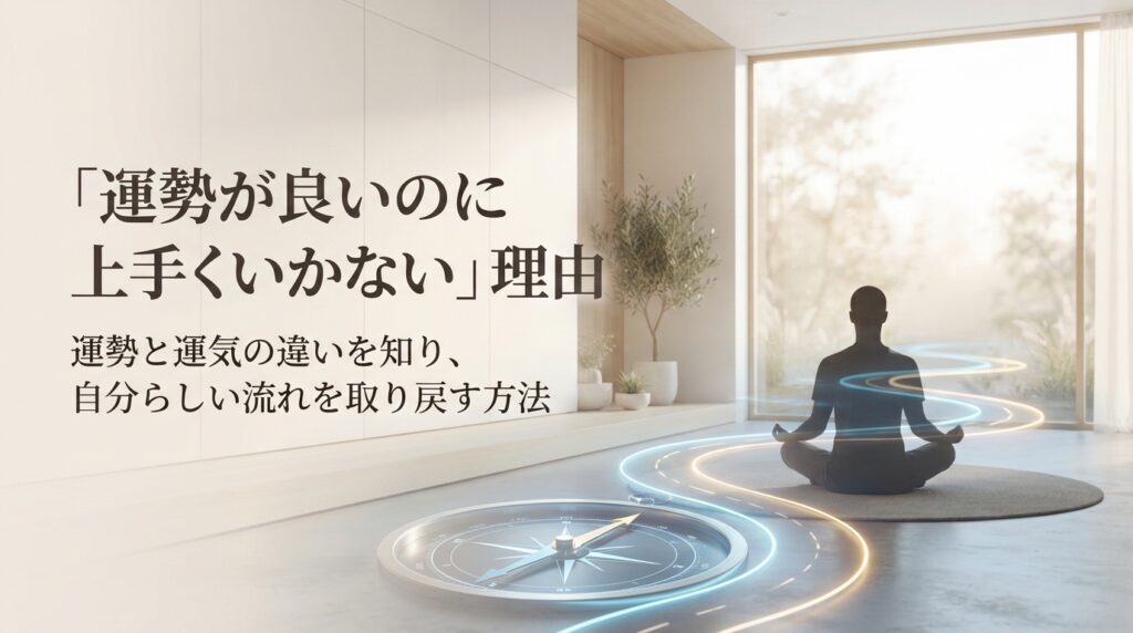「運勢が良いのに上手くいかない」理由。運勢と運気の違いを知り、自分らしい流れを取り戻す方法。穏やかに光るロードマップと、その上に重なる洗練されたコンパスの抽象イメージ。