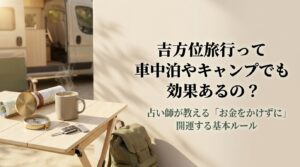 車中泊やキャンプでの吉方位旅行の効果とお金をかけずに開運する基本ルールを解説するアイキャッチ画像